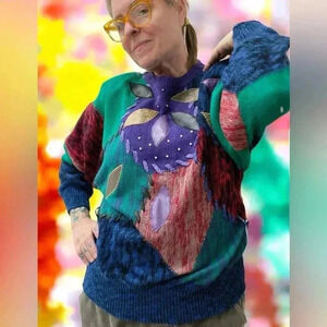 Vintage 90’s Beaded leather Christine Gerard shoulder pads color block sweater-M